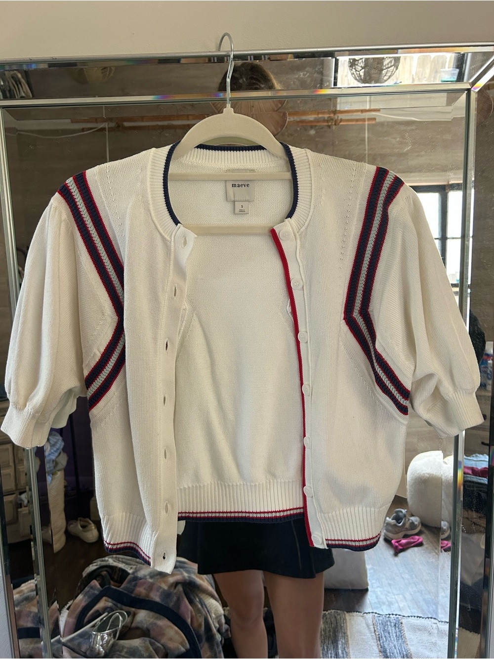 Maeve White Short-Sleeve Cardigan with Navy & Red Trim